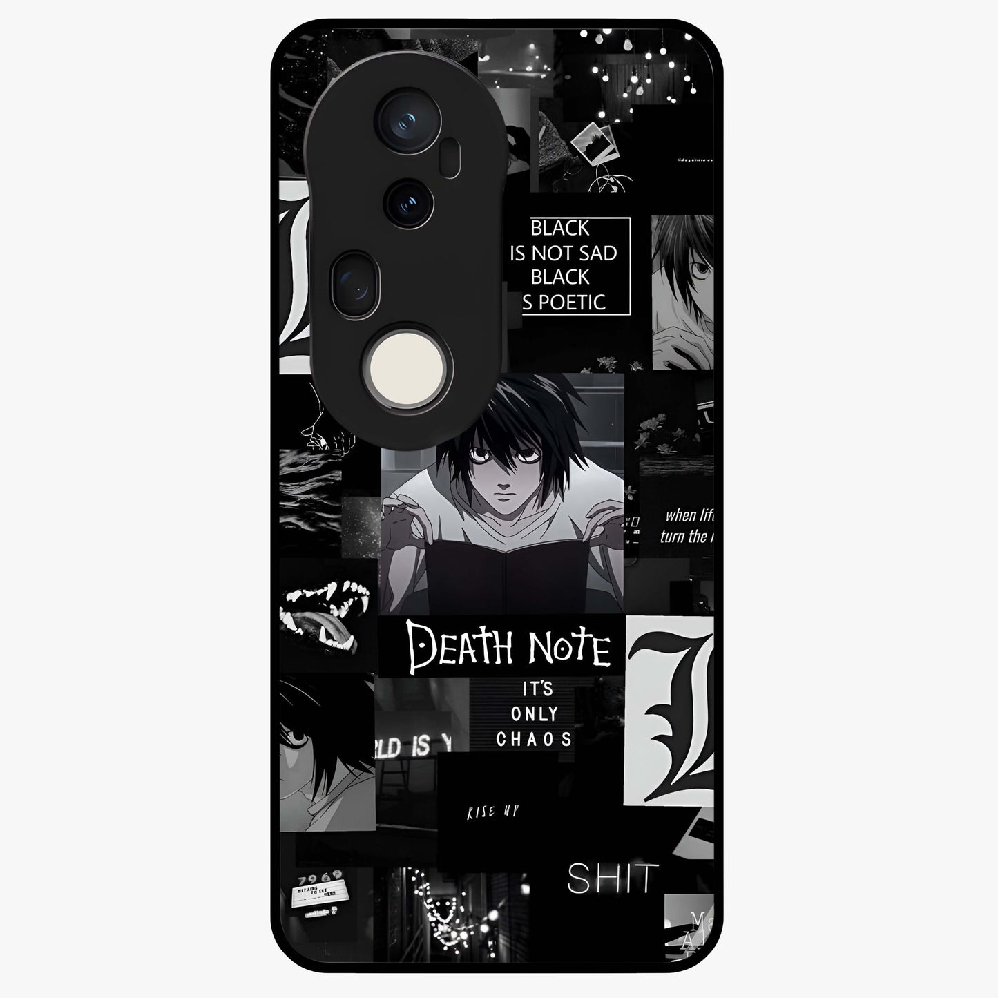 Midnight Chaos Mind Glass Case showing flat back view with abstract dark themed artwork and glossy glass finish.