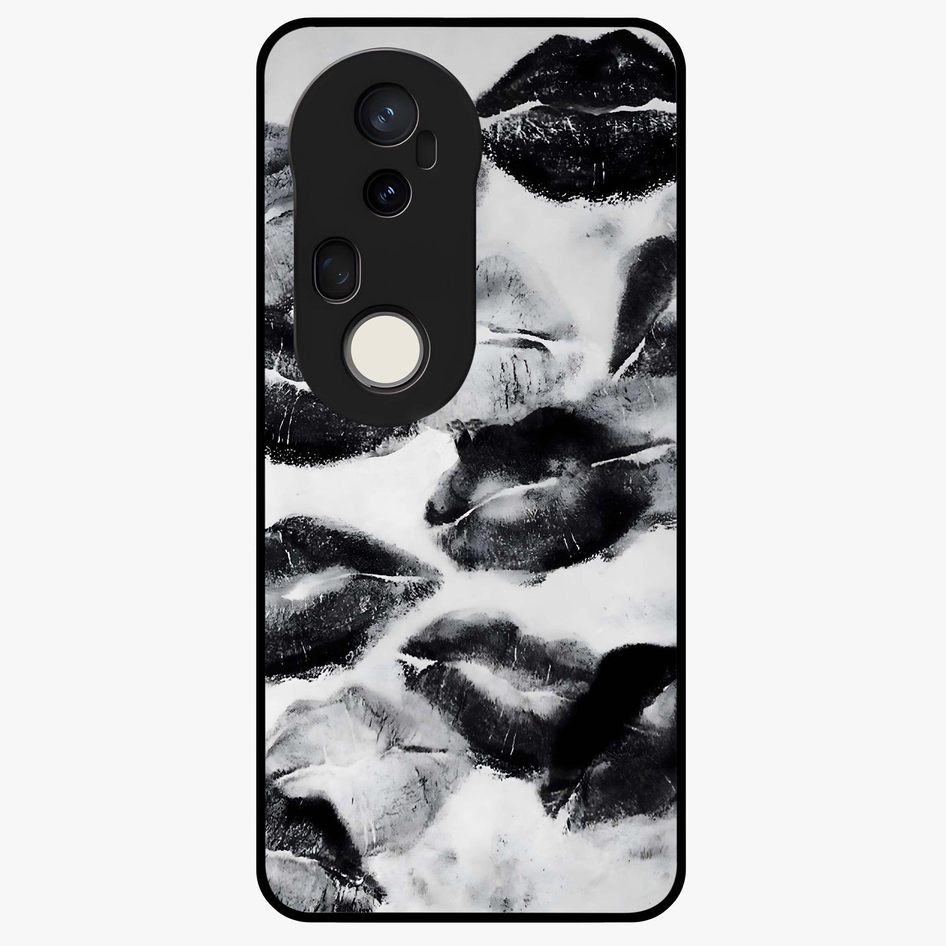 Midnight Kiss Marks Glass Case showing flat back view with lipstick kiss mark artwork and glossy glass finish.
