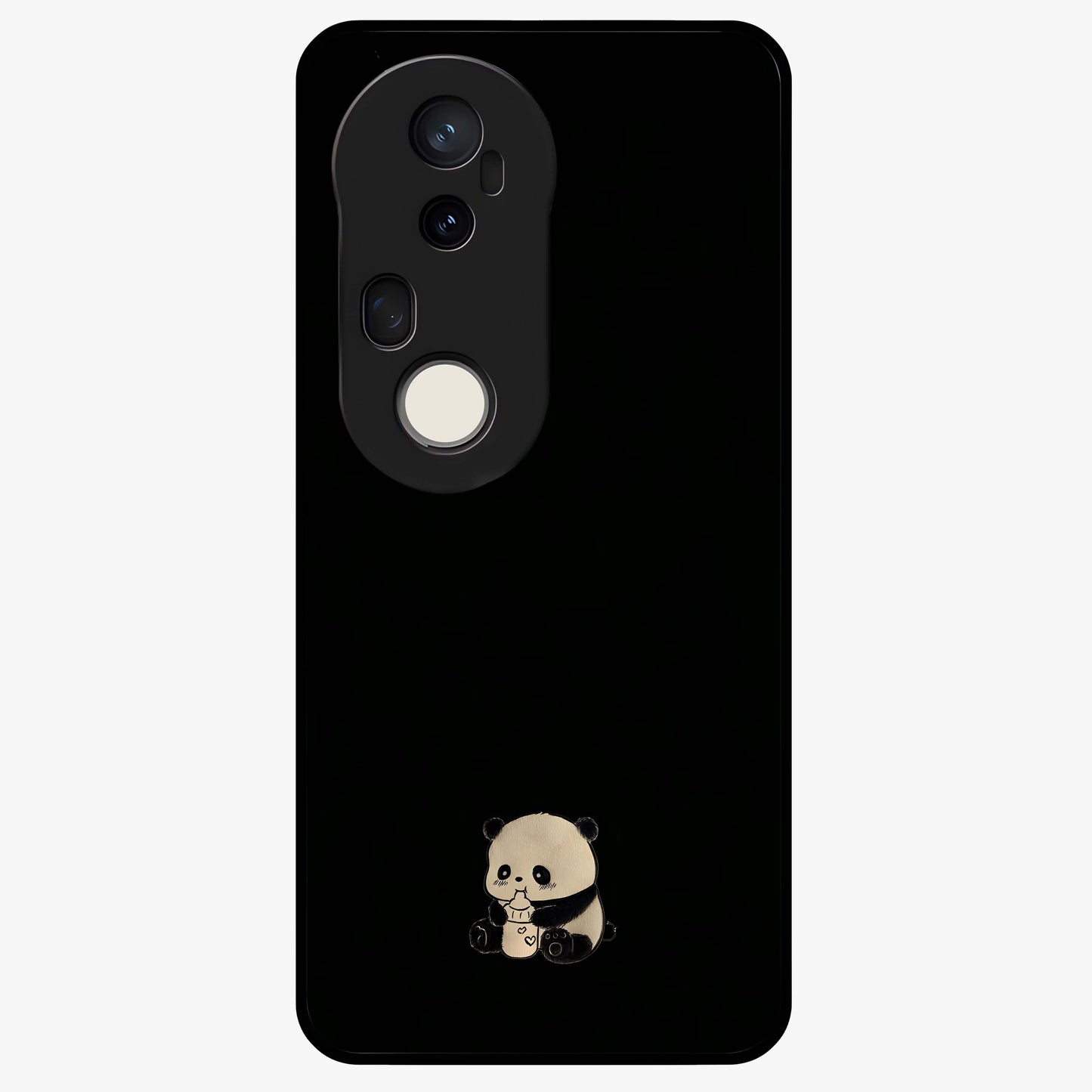 Midnight Panda Love Glass Case showing flat back view with cute panda themed artwork and glossy glass finish.