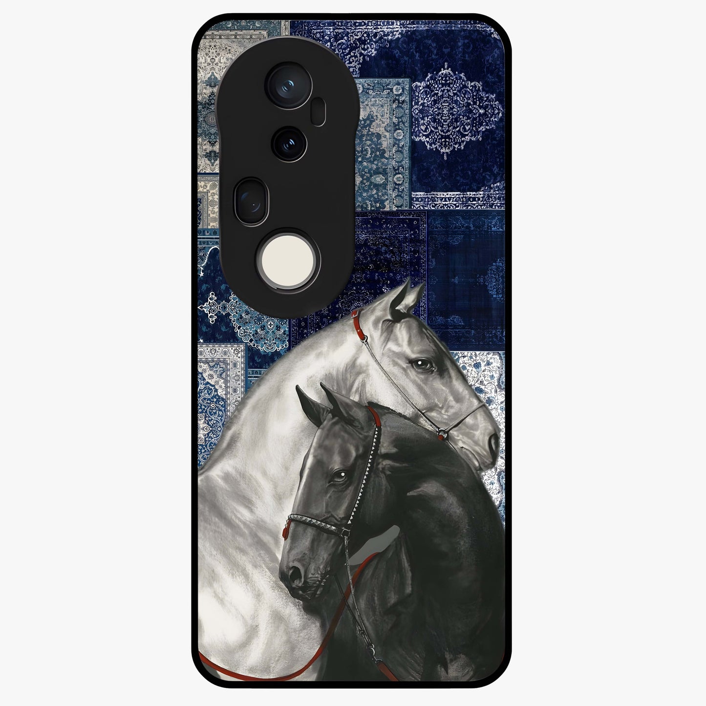 Midnight Stallion Blues Glass Case showing flat back view with majestic horse artwork and glossy glass finish.