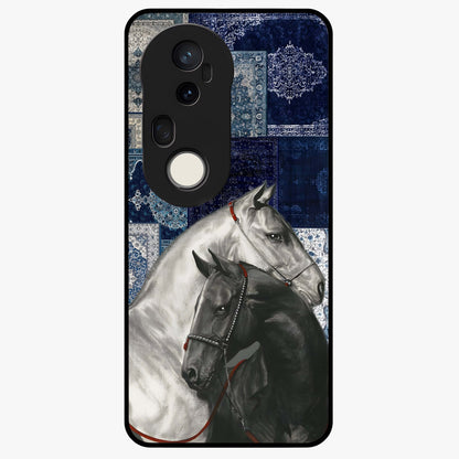 Midnight Stallion Blues Glass Case showing flat back view with majestic horse artwork and glossy glass finish.