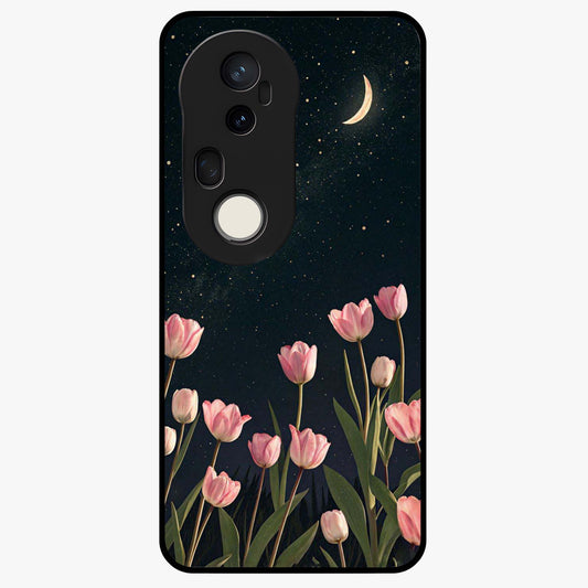 Midnight Tulip Whispers Vibe Glass Case showing flat back view with elegant tulip flower artwork and glossy glass finish.