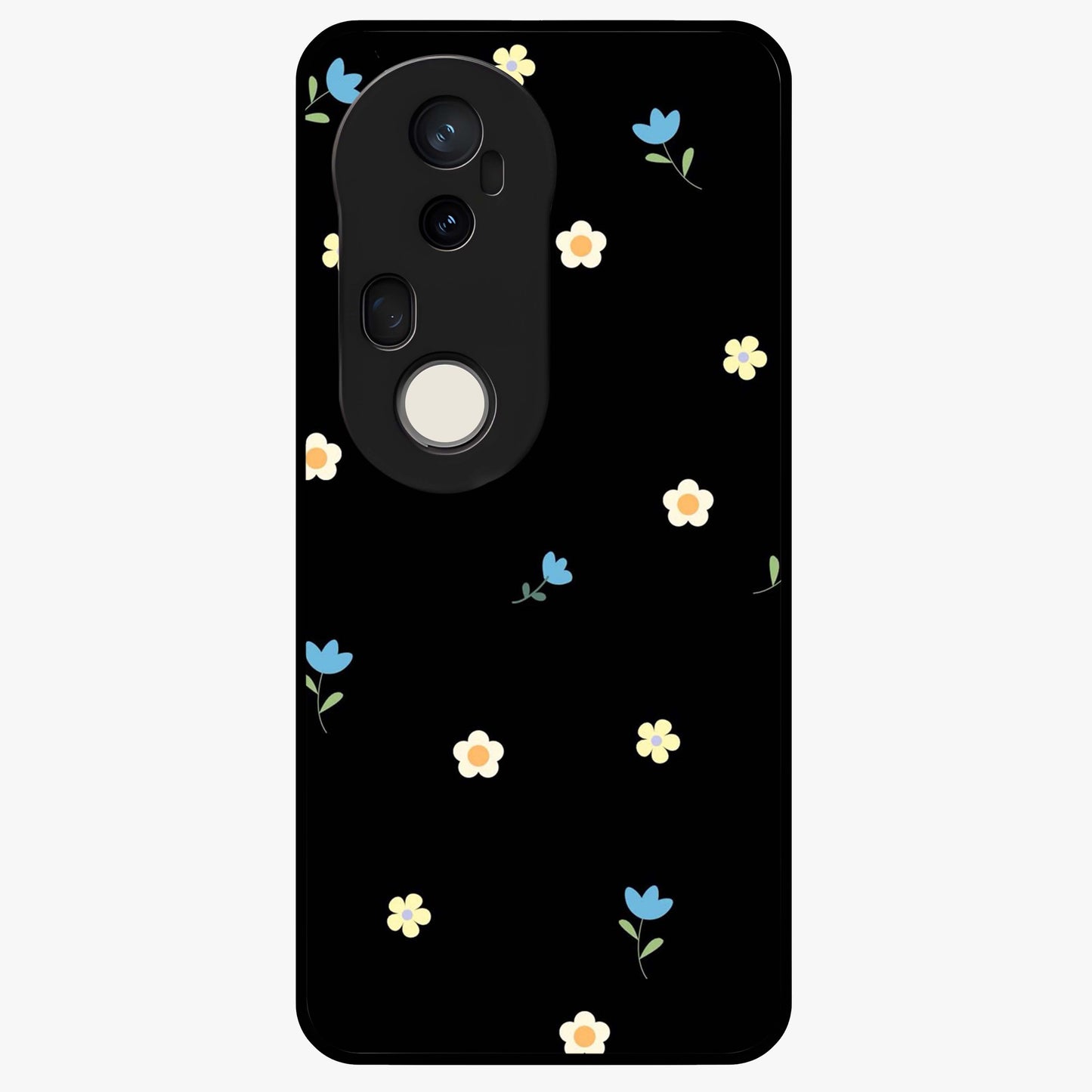 Minimalistic Blue With White Flower Pattern Glass Case showing flat back view with blue background and white flower pattern and glossy glass finish.