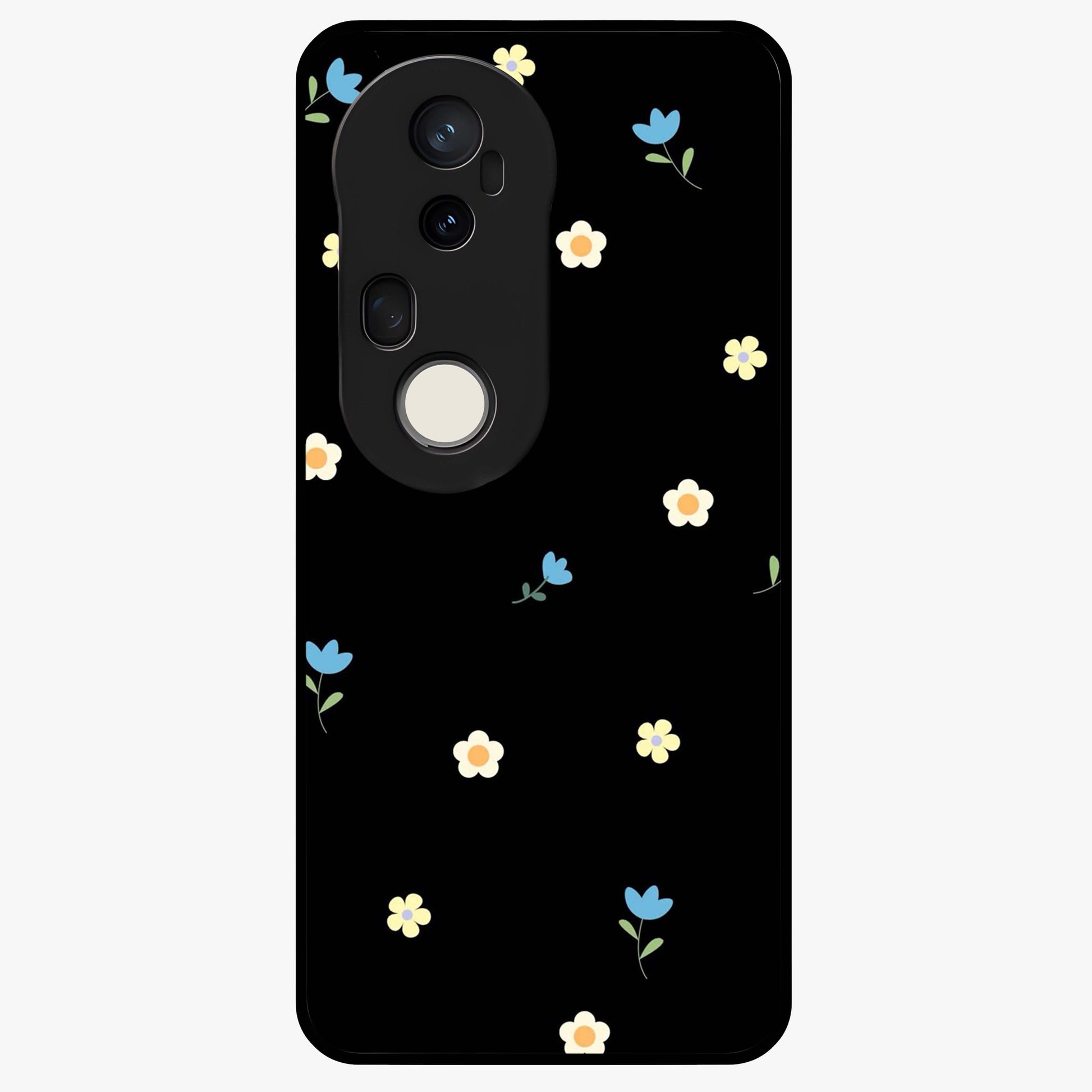 Minimalistic Blue With White Flower Pattern Glass Case showing flat back view with blue background and white flower pattern and glossy glass finish.