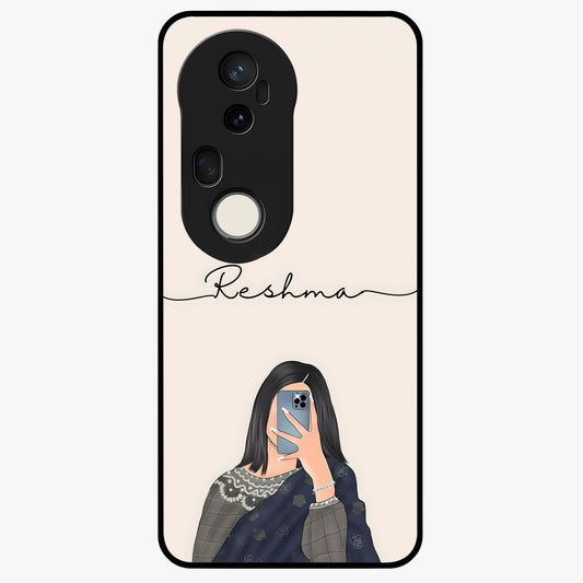 Mirror Mood Muse With Custom Name Glass Case showing flat back view with stylish mirrored artwork and personalized name design.