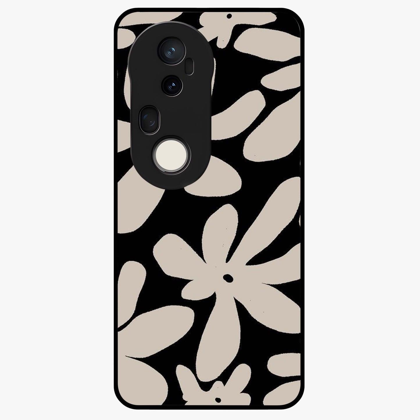 Monochrome Petal Dance Glass Case showing flat back view with monochrome floral artwork and glossy glass finish.