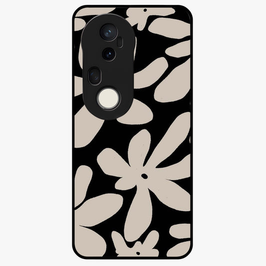 Monochrome Petal Dance Glass Case showing flat back view with monochrome floral artwork and glossy glass finish.