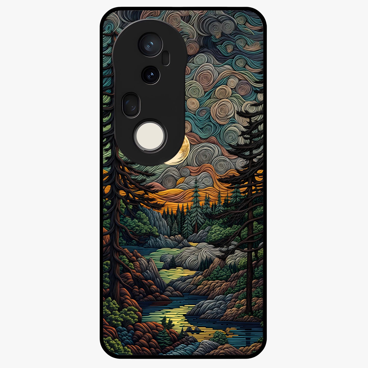 Moonlight Forest Dream Glass Case showing flat back view with mystical forest moonlight artwork and glossy glass finish.
