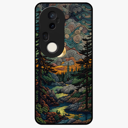 Moonlight Forest Dream Glass Case showing flat back view with mystical forest moonlight artwork and glossy glass finish.