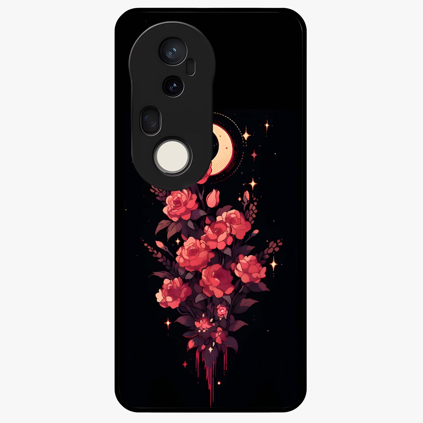Moonlit Floral Elegance Glass Case showing flat back view with elegant floral artwork under moonlit tones and glossy glass finish.