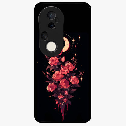 Moonlit Floral Elegance Glass Case showing flat back view with elegant floral artwork under moonlit tones and glossy glass finish.
