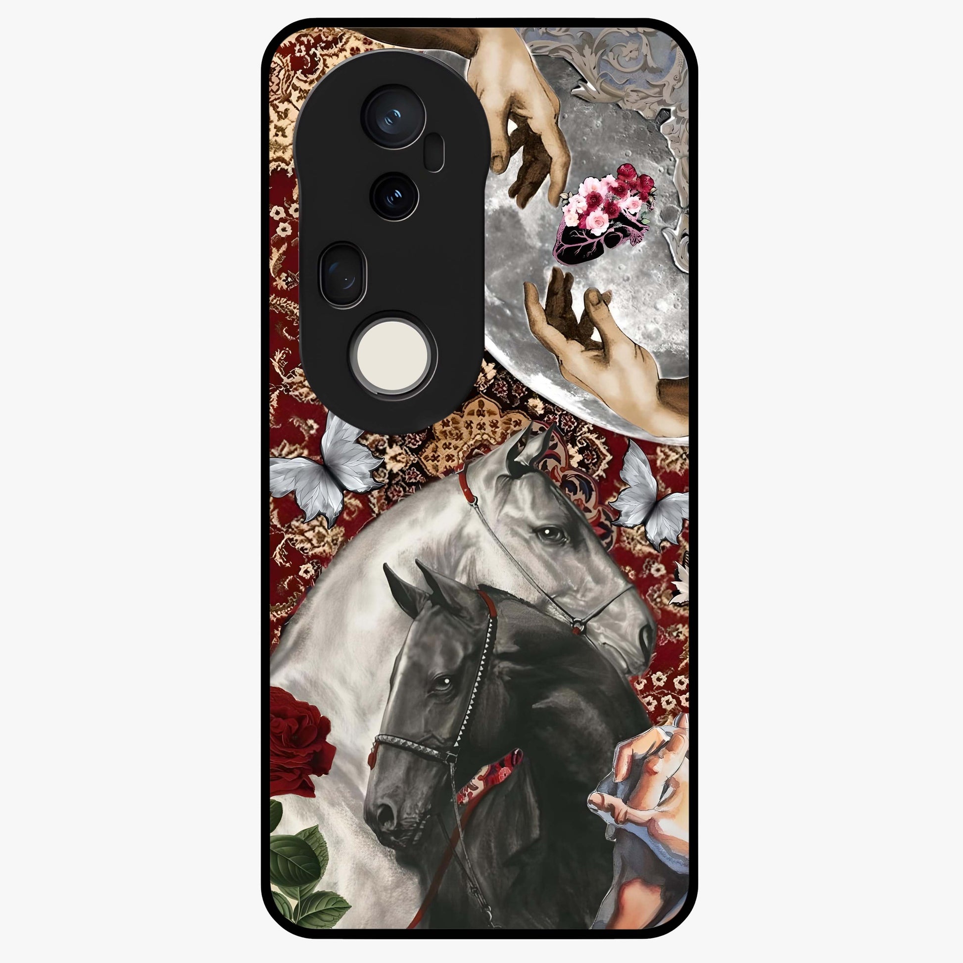 Moonlit Royal Stallion Glass Case showing flat back view with majestic horse under moonlight artwork and glossy glass finish.