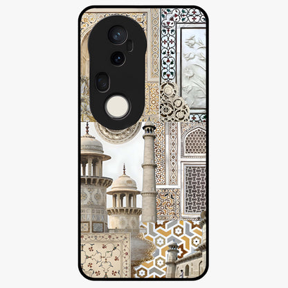 Mughal Marble Legacy Glass Case showing flat back view with intricate Mughal inspired marble pattern and glossy glass finish.