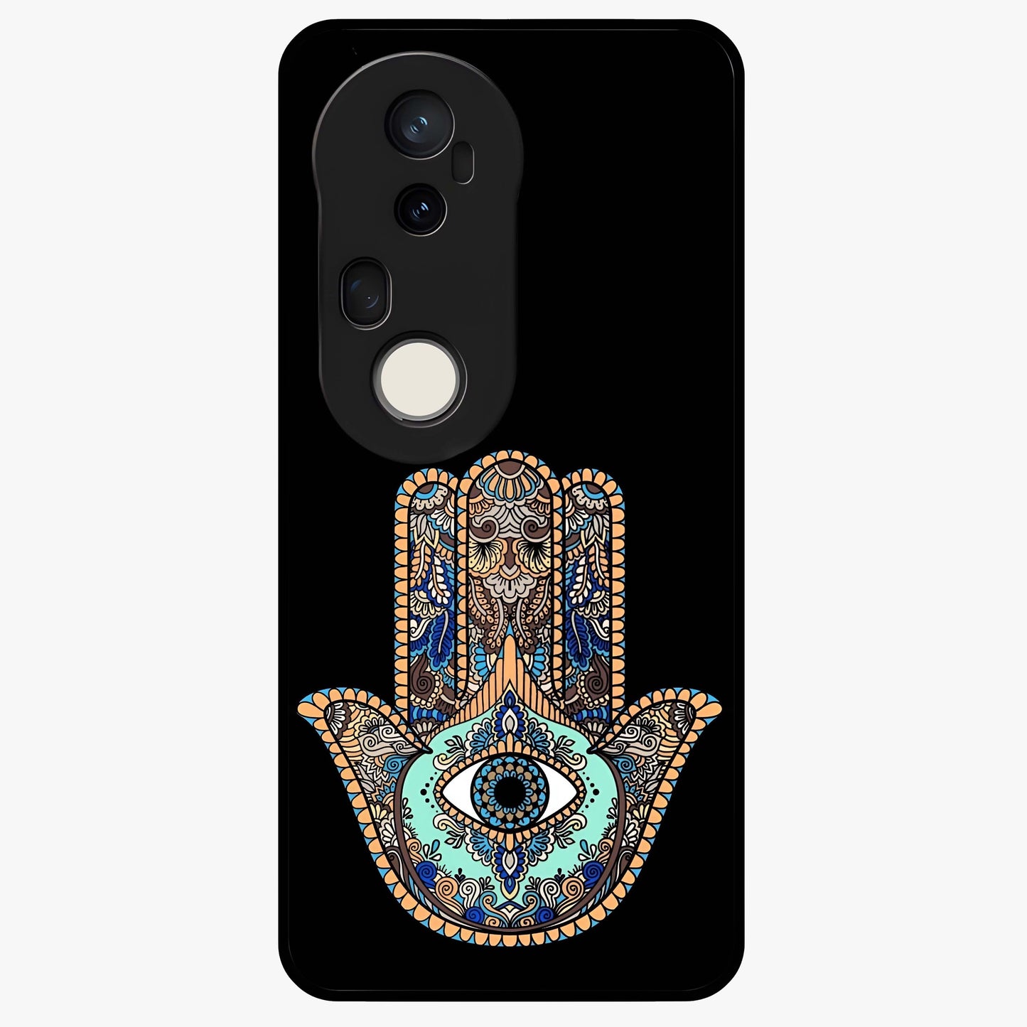 Mystic Hamsa Eye Glass Case showing flat back view with protective hamsa hand and evil eye artwork and glossy glass finish.