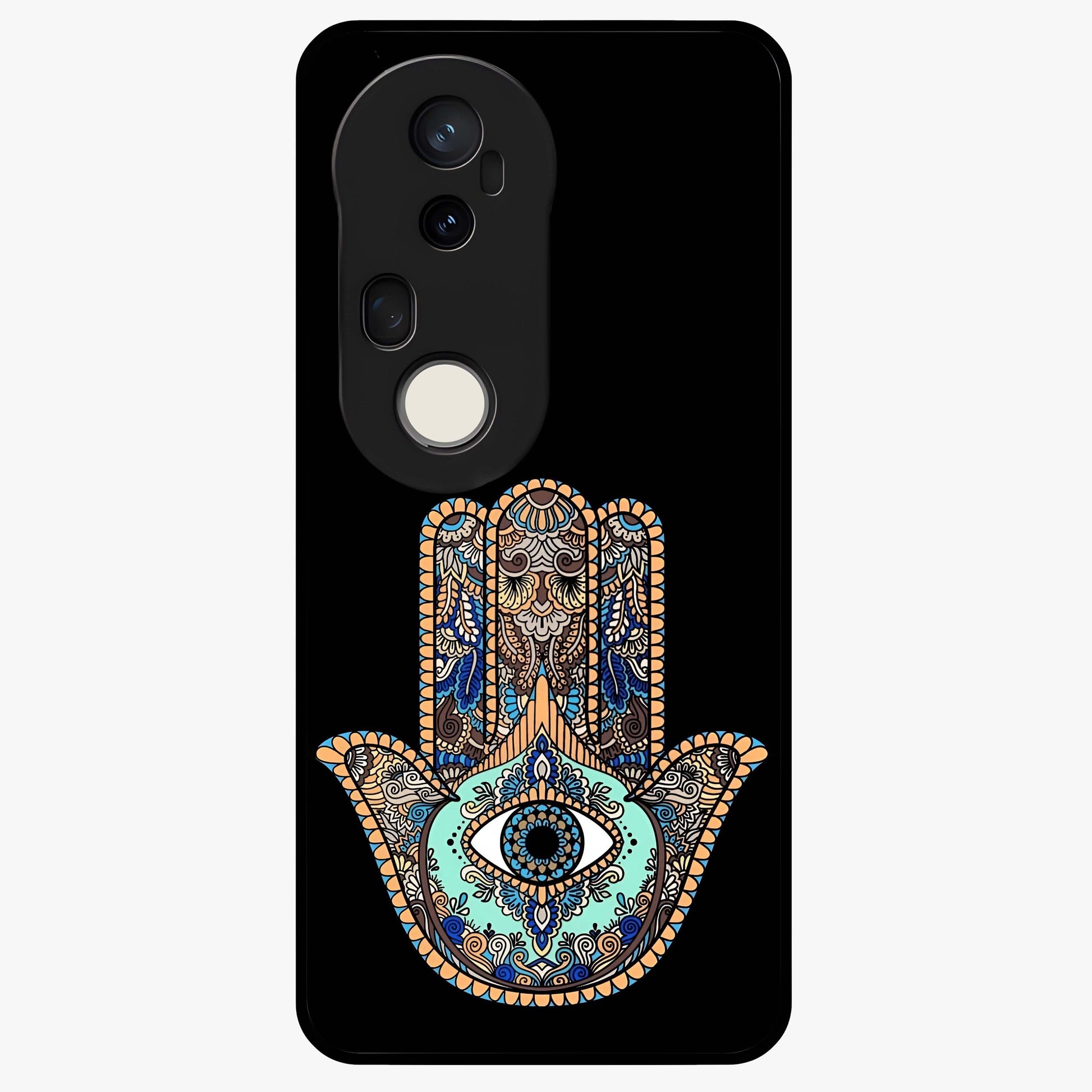 Mystic Hamsa Eye Glass Case showing flat back view with protective hamsa hand and evil eye artwork and glossy glass finish.