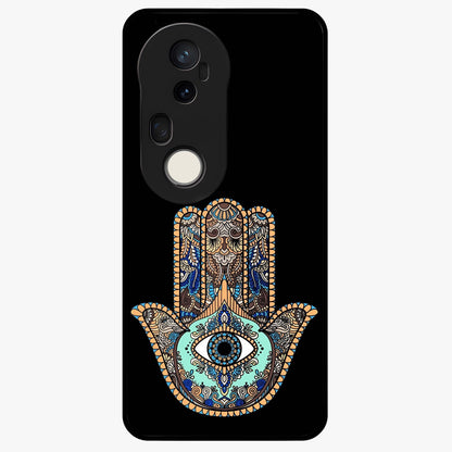 Mystic Hamsa Eye Glass Case showing flat back view with protective hamsa hand and evil eye artwork and glossy glass finish.