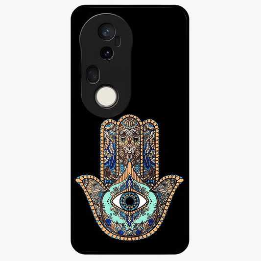 Mystic Hamsa Eye Glass Case showing flat back view with protective hamsa hand and evil eye artwork and glossy glass finish.