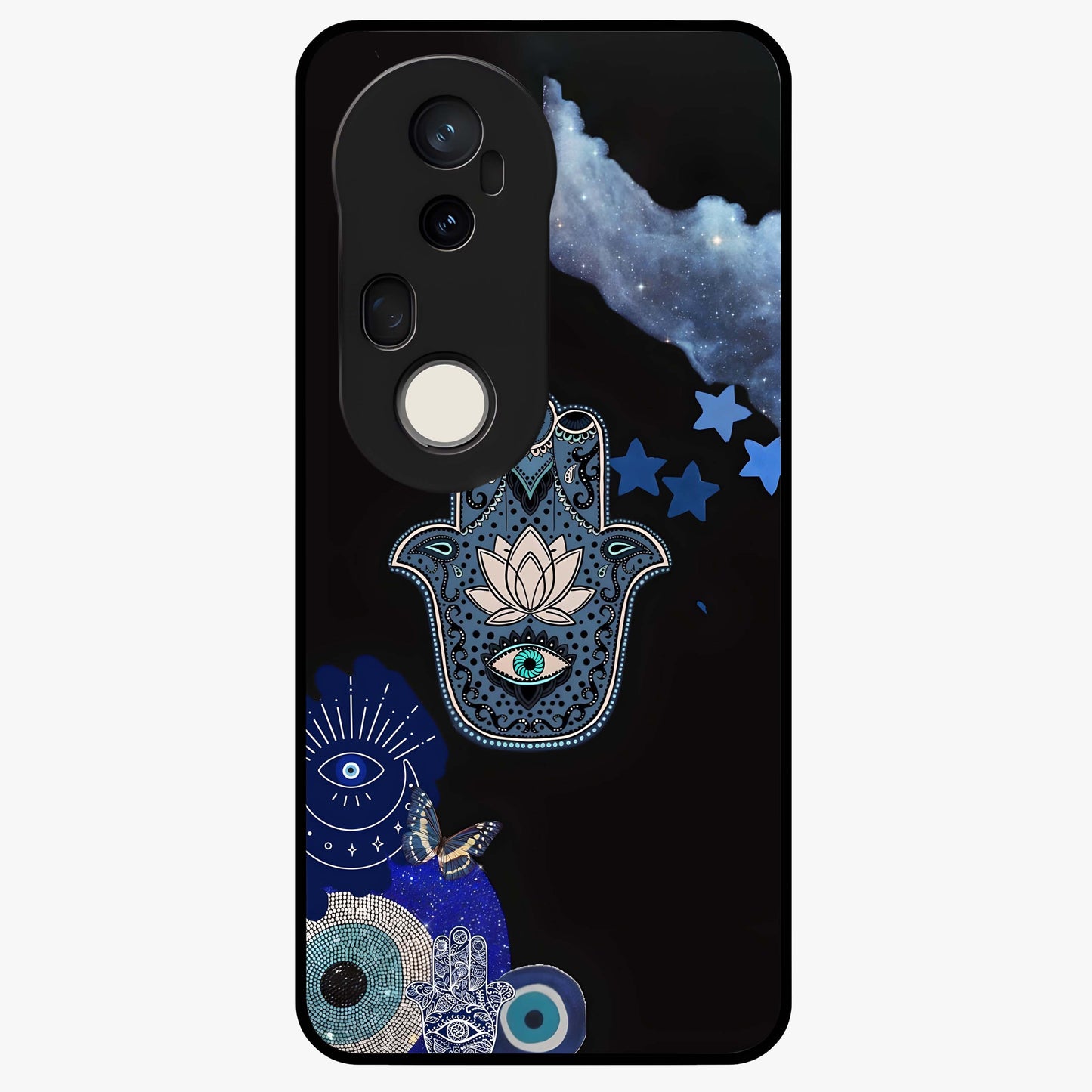 Mystic Hand Aura Glass Case showing flat back view with mystical hand symbol artwork and glossy glass finish.
