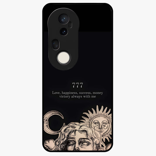 Mystic Victory Aura Glass Case showing flat back view with victory symbol artwork and glossy glass finish.