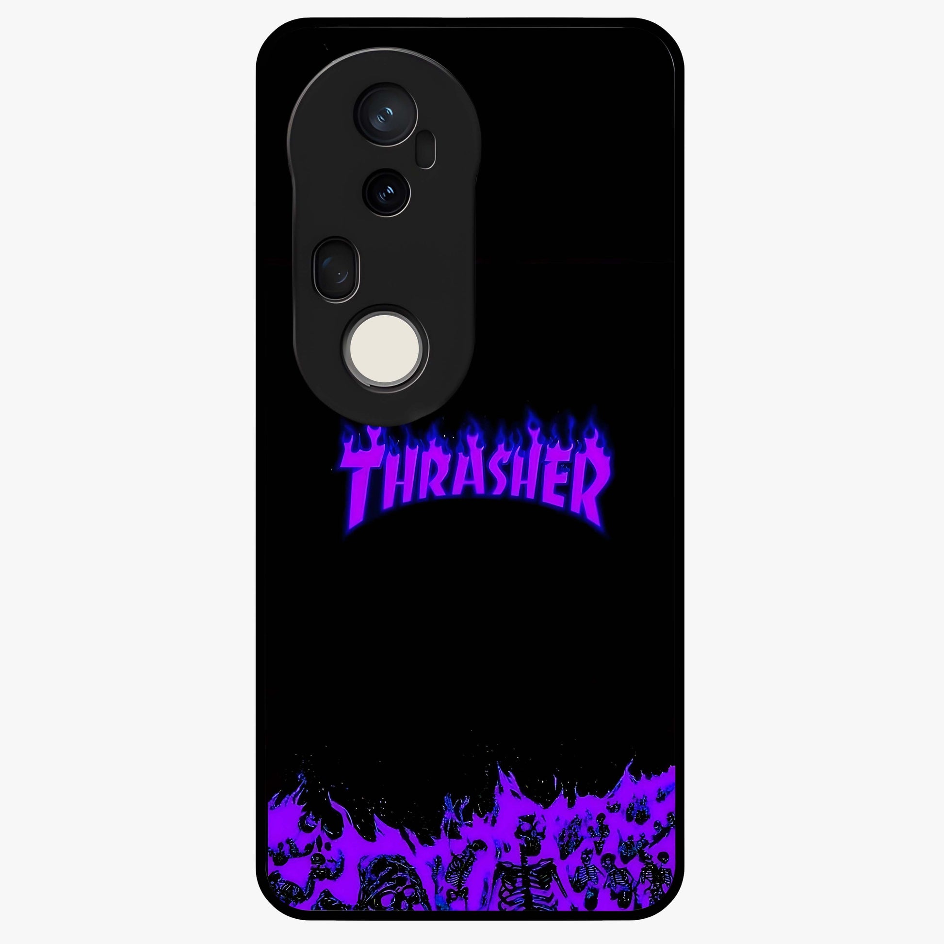 Neon Flame Riot Glass Case showing flat back view with neon flame artwork and glossy glass finish.