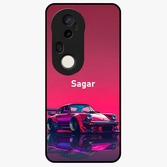 Neon Pink Porsche Glass Case showing flat back view with stylish sports car artwork and glossy glass finish.