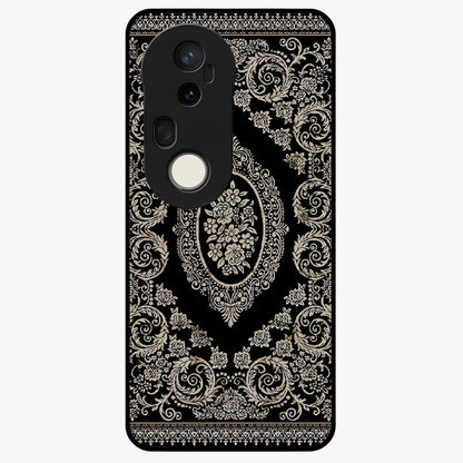 Noir Bloom Elegance Glass Case showing flat back view with elegant dark floral artwork and glossy glass finish.