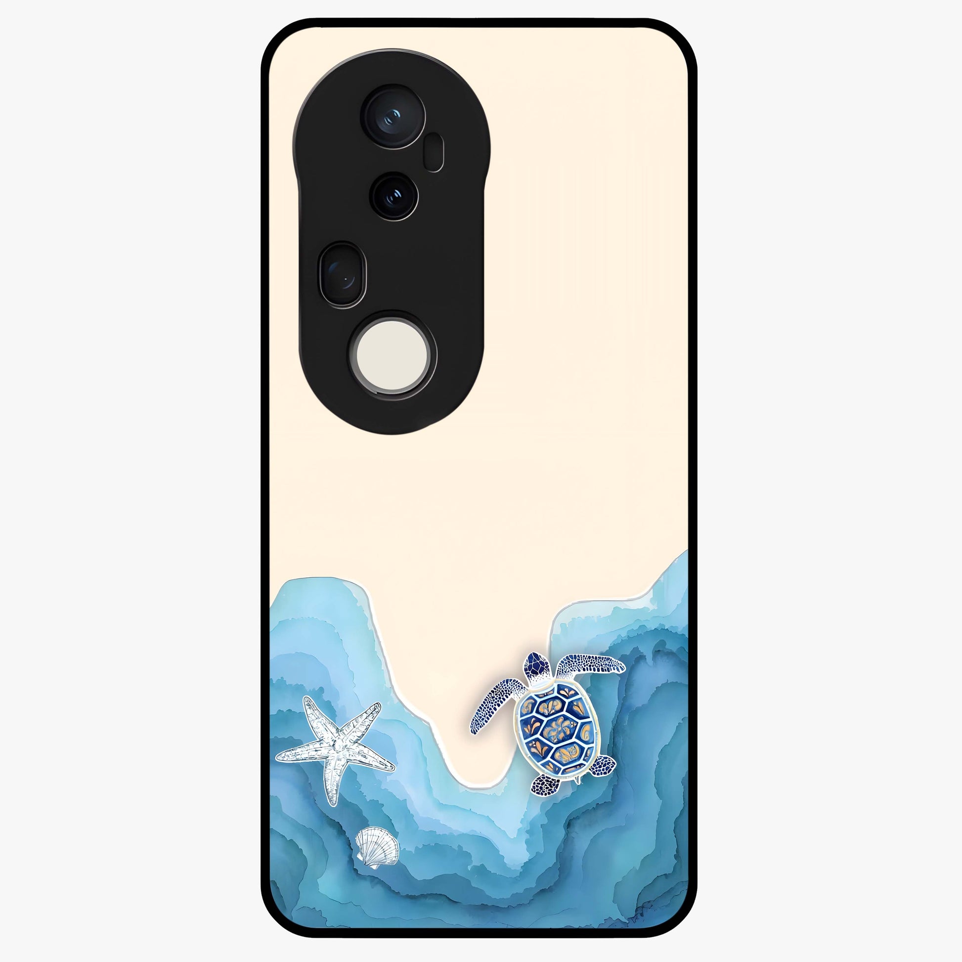 Ocean Drift Turtle Glass Case showing flat back view with sea turtle artwork and glossy glass finish.