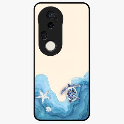 Ocean Drift Turtle Glass Case showing flat back view with sea turtle artwork and glossy glass finish.