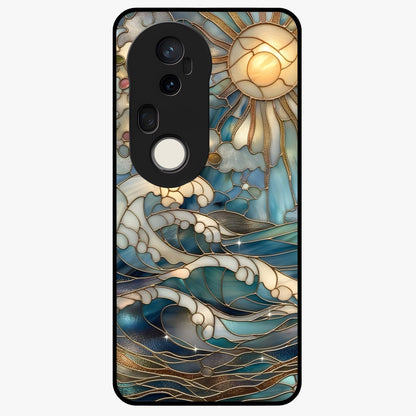 Oceanic Stained Printed Glass Case showing flat back view with ocean inspired stained pattern artwork and glossy glass finish.