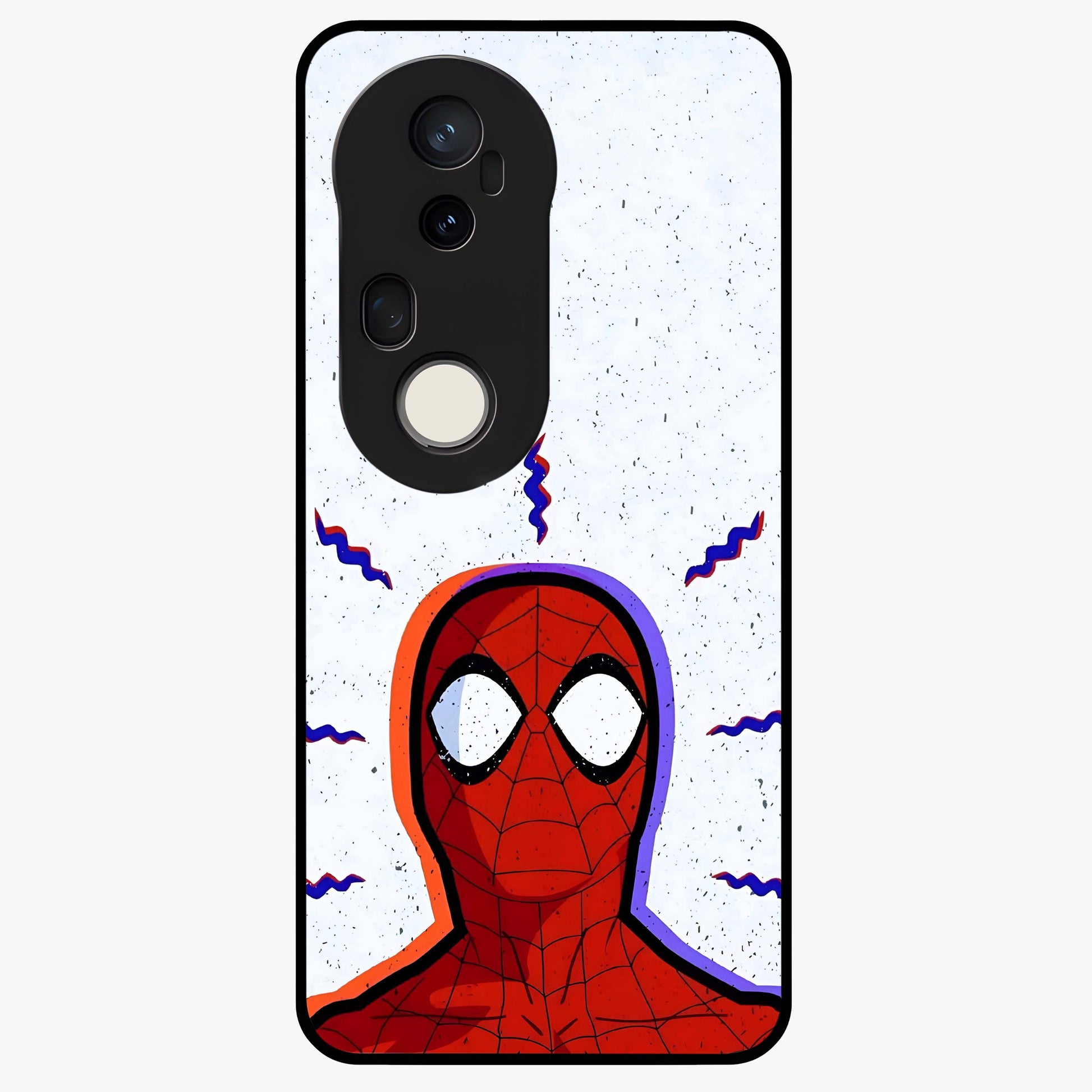 Omg Spiderman Glass Case showing flat back view with bold superhero inspired artwork and glossy glass finish.