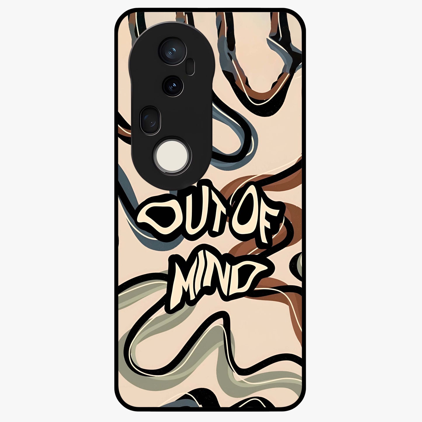 Out Of Mind Glass Case showing flat back view with expressive typography artwork and glossy glass finish.