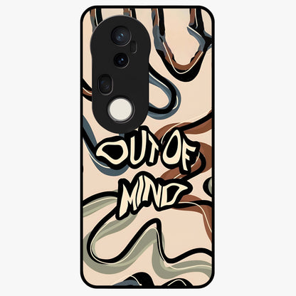 Out Of Mind Glass Case showing flat back view with expressive typography artwork and glossy glass finish.