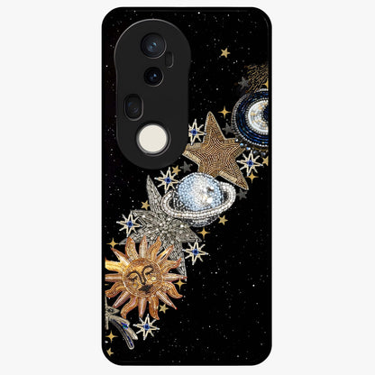 Pearls Universe Object Glass Case showing flat back view with pearl inspired cosmic artwork and glossy glass finish.
