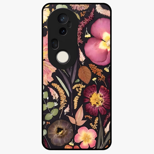 Petal Dream Tapestry Glass Case showing flat back view with intricate floral tapestry artwork and glossy glass finish.