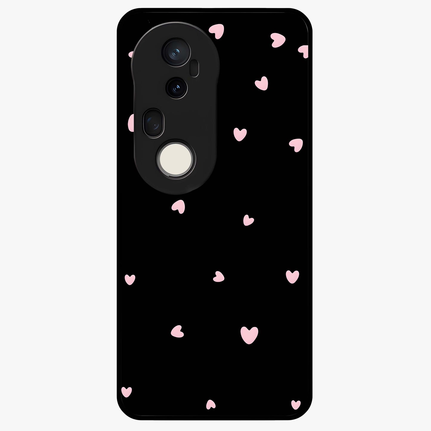 Pink Love Drops Glass Case showing flat back view with playful pink heart drops artwork and glossy glass finish.