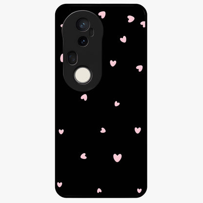 Pink Love Drops Glass Case showing flat back view with playful pink heart drops artwork and glossy glass finish.