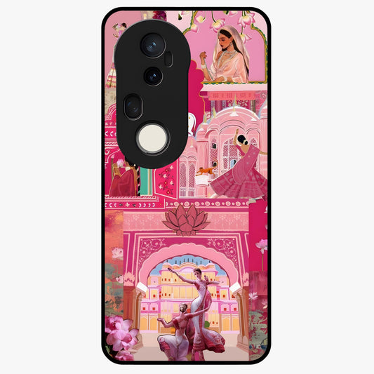 Pink Palace Muse Glass Case showing flat back view with elegant palace inspired artwork and glossy glass finish.