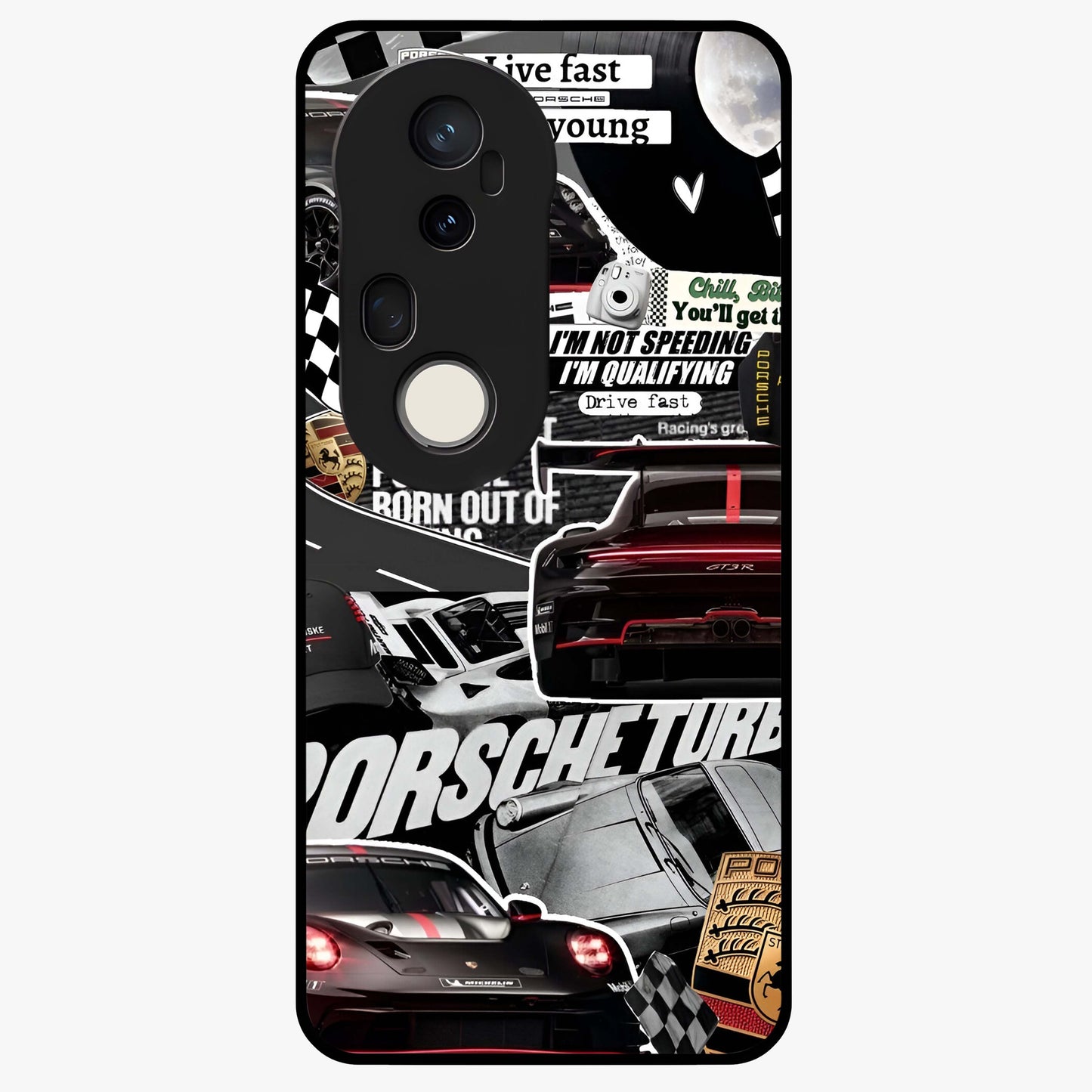 Porsche Racing Collage Glass Case showing flat back view with sports car racing collage artwork and glossy glass finish.