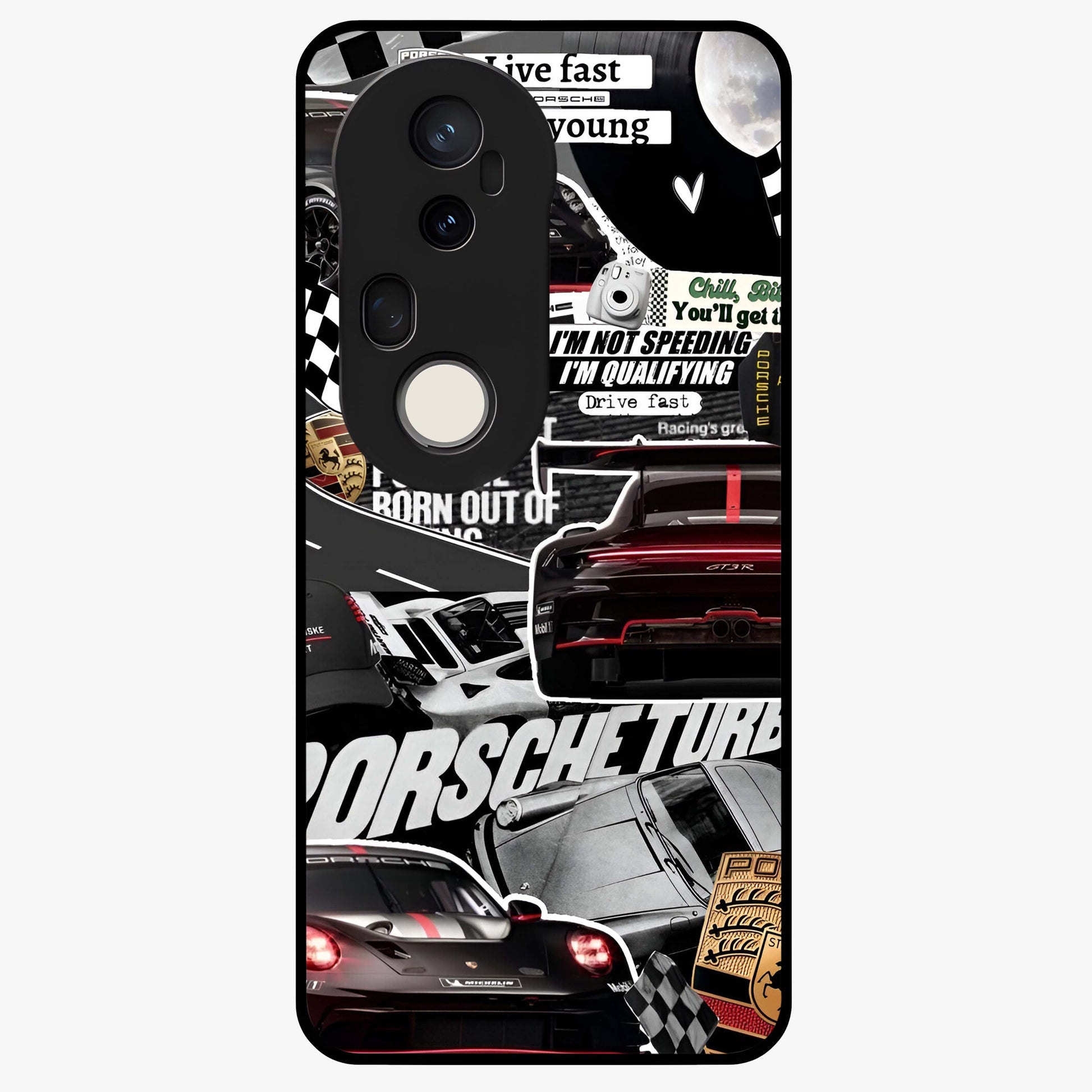 Porsche Racing Collage Glass Case showing flat back view with sports car racing collage artwork and glossy glass finish.