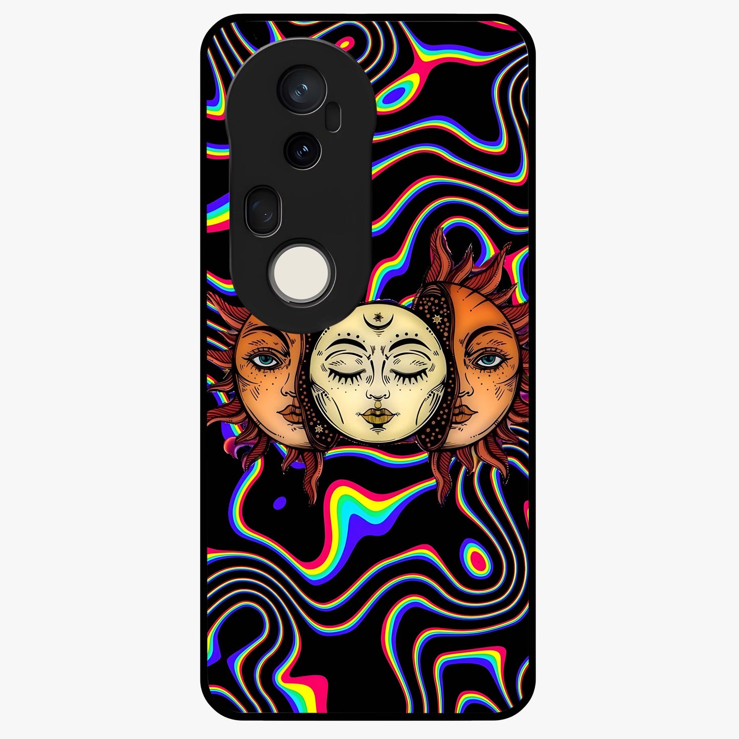 Psychedelic Sun Glass Case showing flat back view with colorful psychedelic sun artwork and glossy glass finish.
