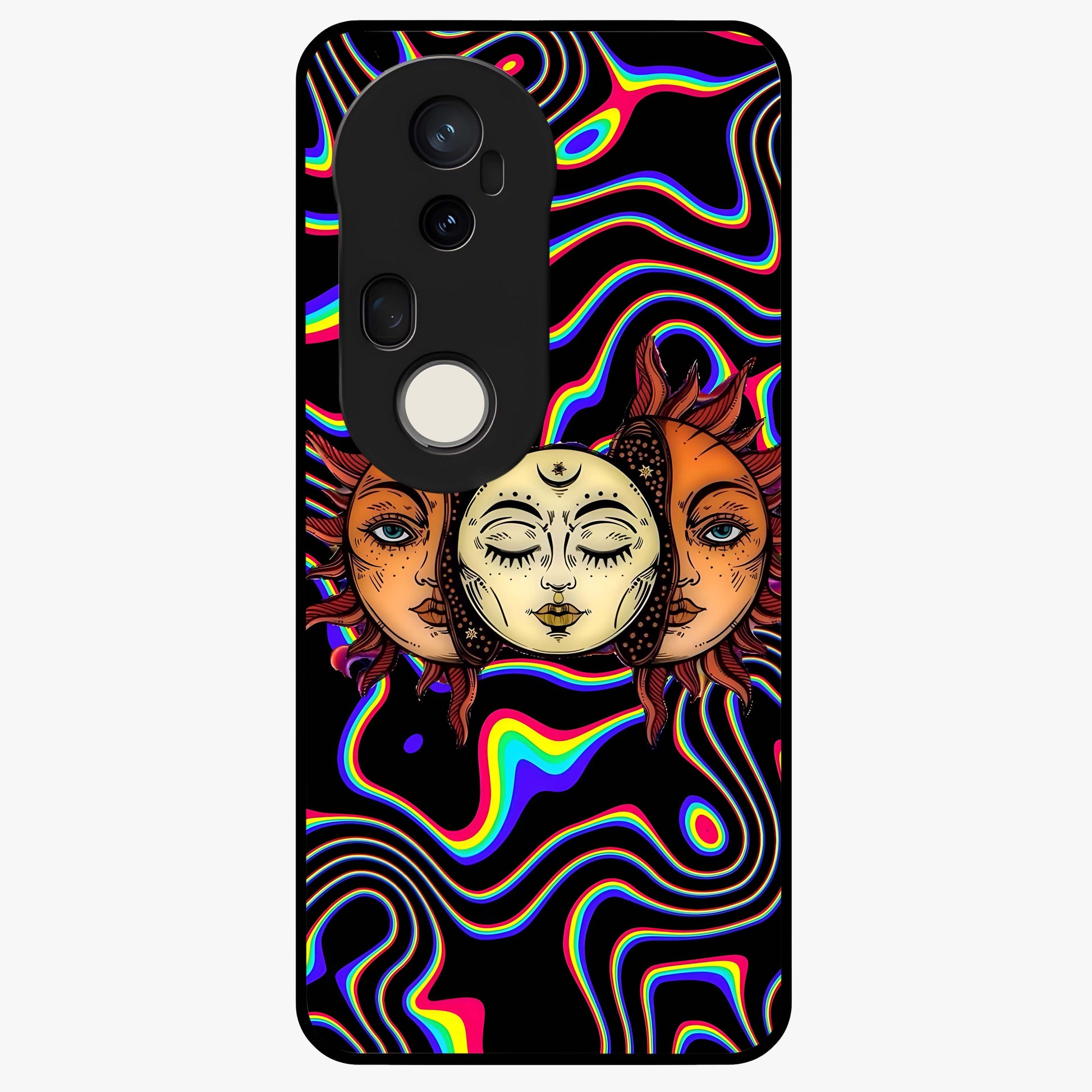 Psychedelic Sun Glass Case showing flat back view with colorful psychedelic sun artwork and glossy glass finish.