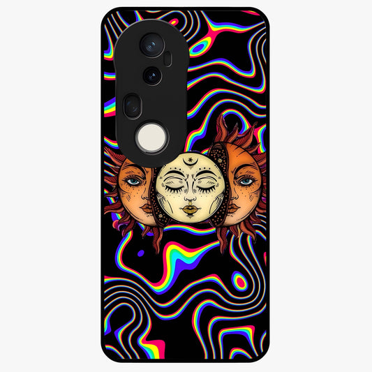 Psychedelic Sun Glass Case showing flat back view with colorful psychedelic sun artwork and glossy glass finish.