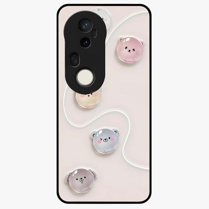 Puffy Face Parade Glass Case showing flat back view with cute puffy character faces artwork and glossy glass finish.