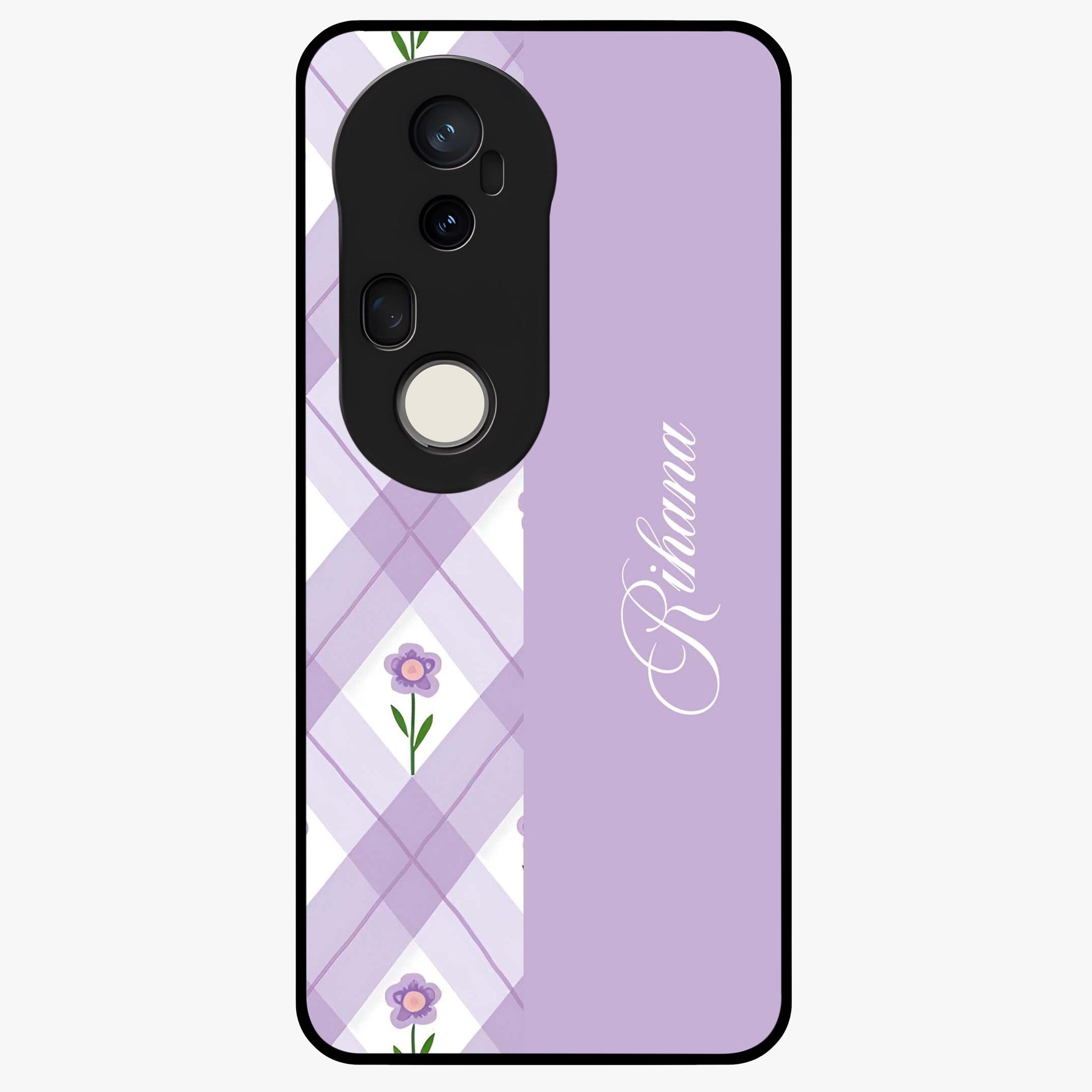 Purple Diamond Floral Glass Case showing flat back view with diamond shaped floral artwork and glossy glass finish.