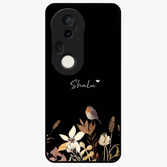 Quiet Garden Tune Custom Name Glass Case showing flat back view with peaceful garden artwork and personalized name design.