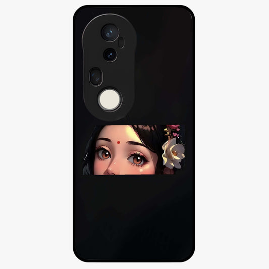 Radha Divine Embrace Glass Case showing flat back view with devotional Radha artwork and glossy glass finish.
