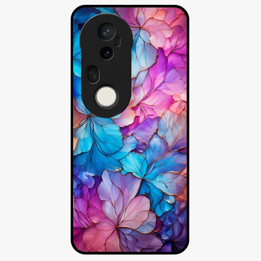 Radiant Floral Whirl Glass Case showing flat back view with swirling floral artwork and glossy glass finish.