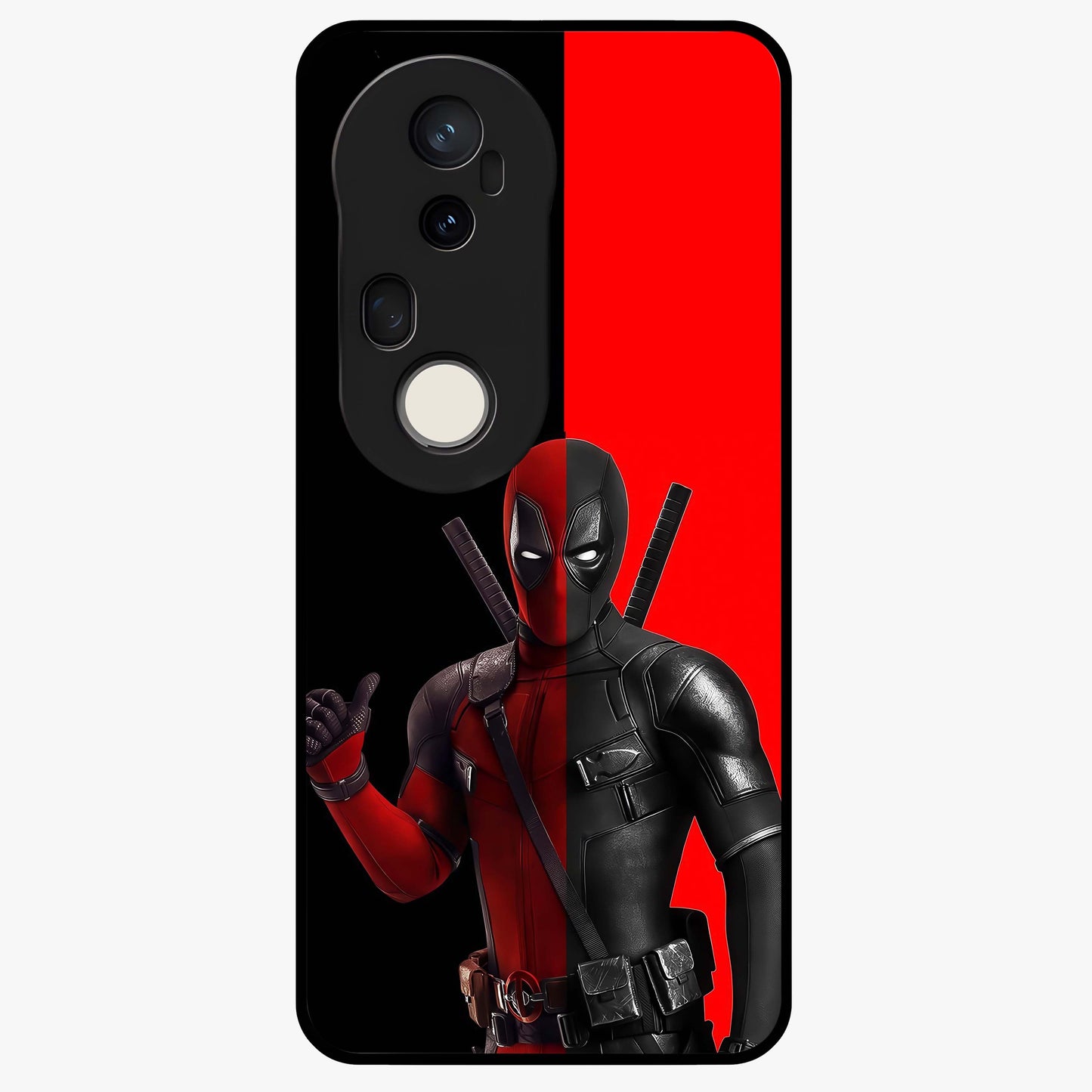 Red & Black Deadpool Theme Glass Case showing flat back view with bold comic inspired artwork and glossy glass finish.