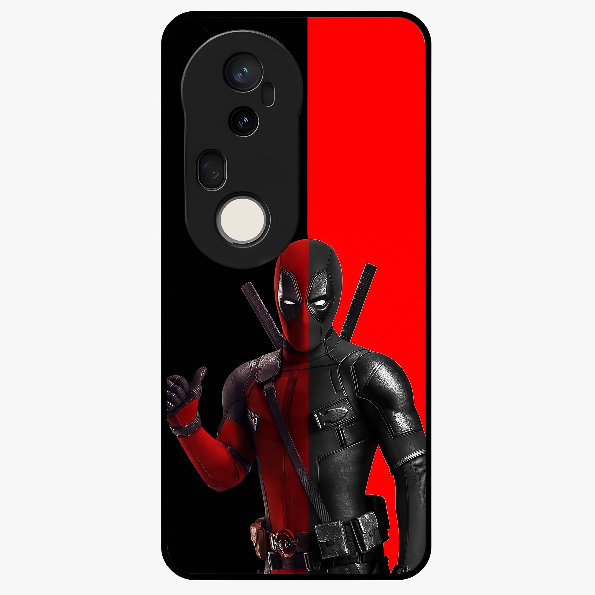 Red & Black Deadpool Theme Glass Case showing flat back view with bold comic inspired artwork and glossy glass finish.
