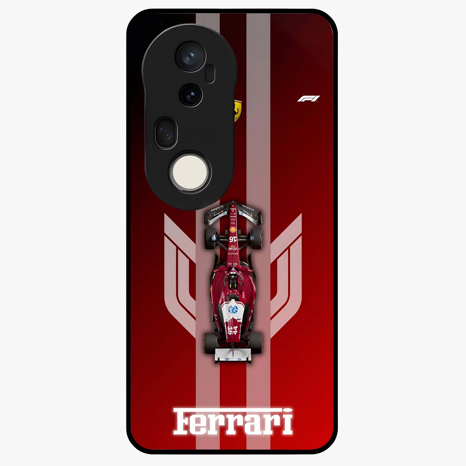 Red Ferrari F1 Vertical Glass Case showing flat back view with sleek Formula racing car artwork and glossy glass finish.